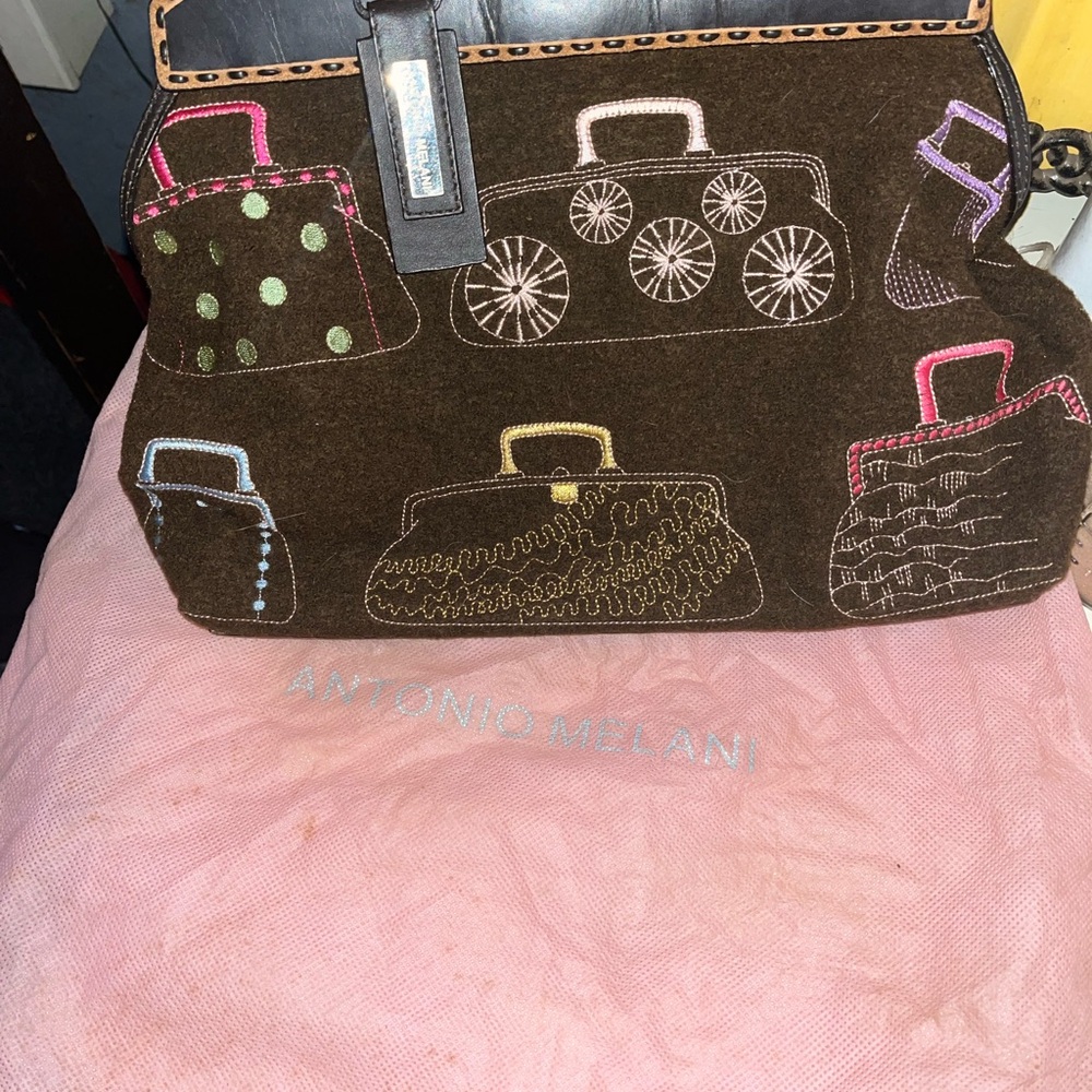 Vintage ANTONIO MELANI Brown and Pink Tote Bag with Whimsical Print